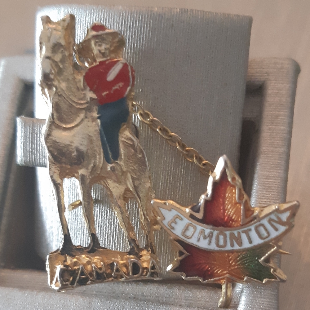 Vintage Collectable RCMP Edmonton Maple Leaf Brooch with Gold Accents Souvenir